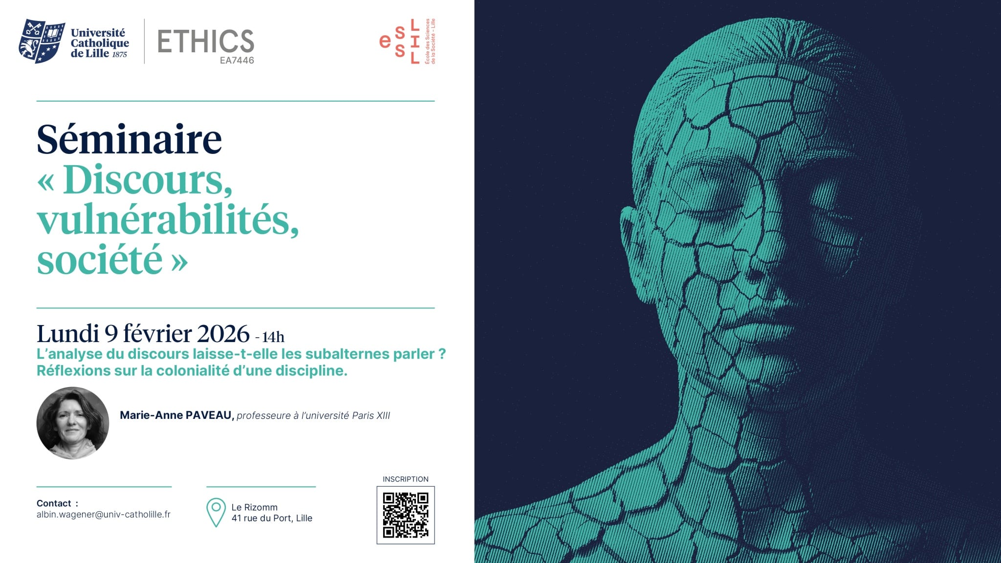 Séminaire annuel  « Discours, vulnérabilités, société »Séance 3 « L’analyse du discours laisse-t-elle les subalternes parler ? Réflexions sur la colonialité d’une discipline » en présence de Marie-Anne PAVEAU